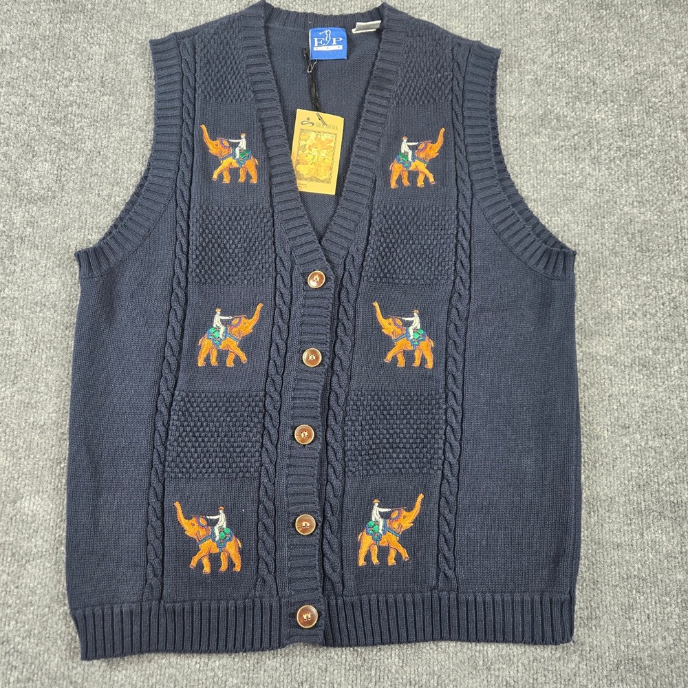 EP Pro Sweater Vest Womens Medium Navy Blue NWT Embroidered Elephant Knit